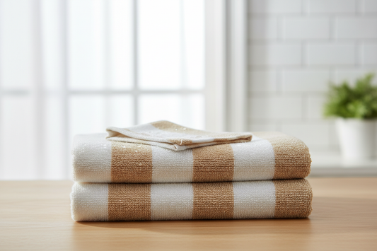 toalla listada blanca con beige